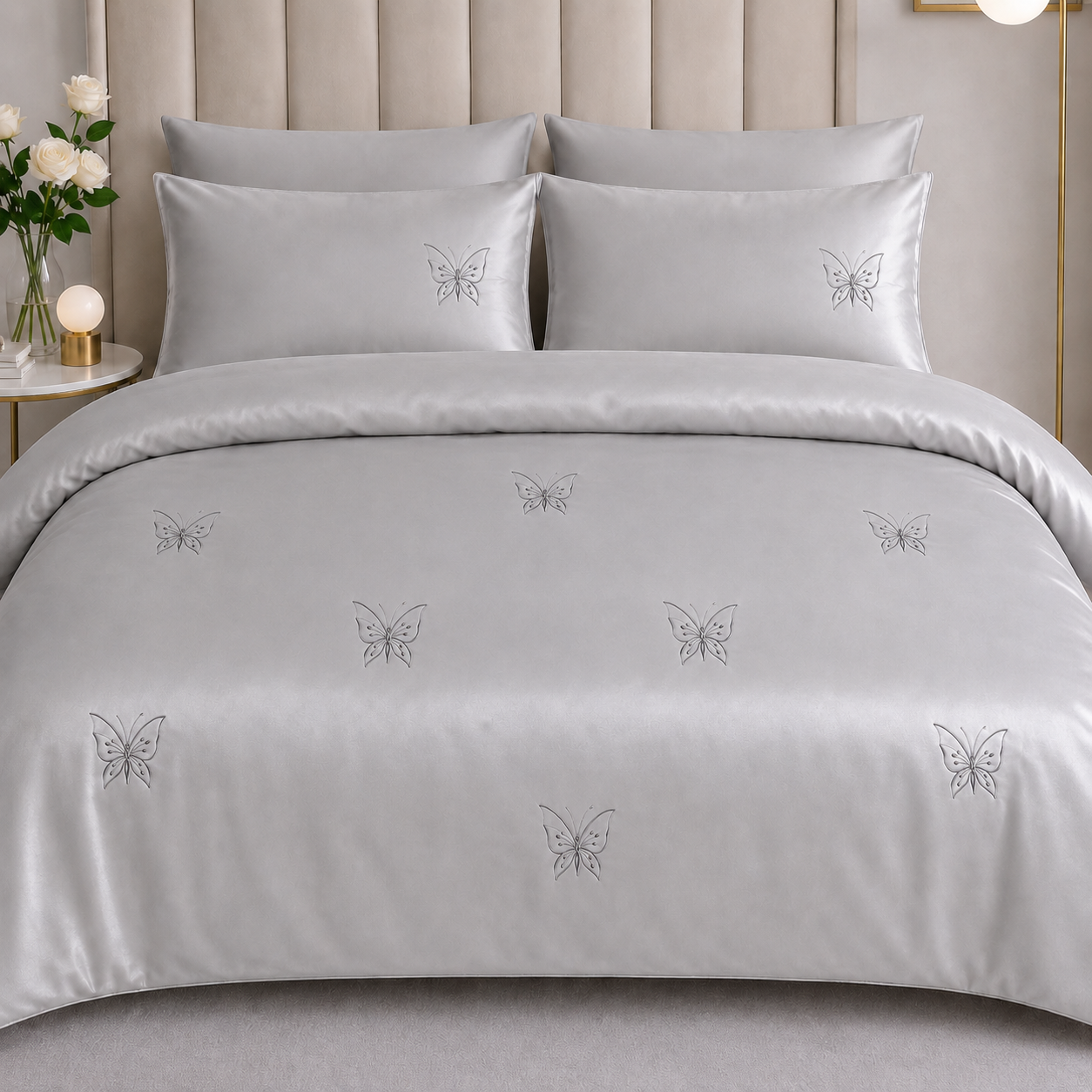 Light Grey Butterfly Embroidered Bedding Set