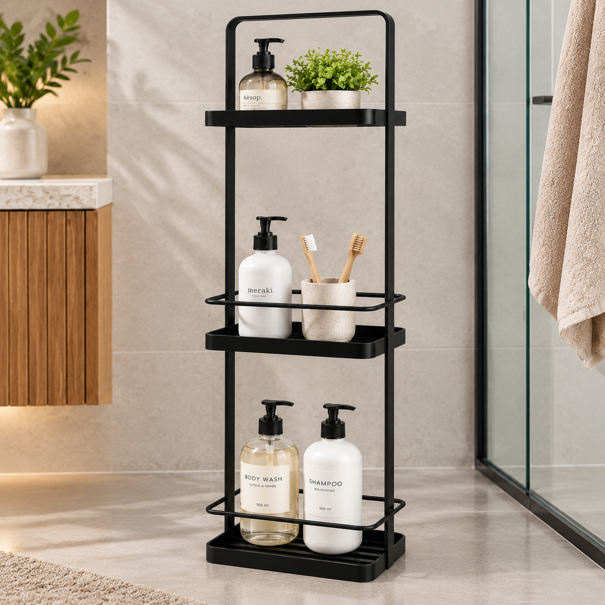 3 Tier Freestanding Bathroom Storage Rack – White & Black