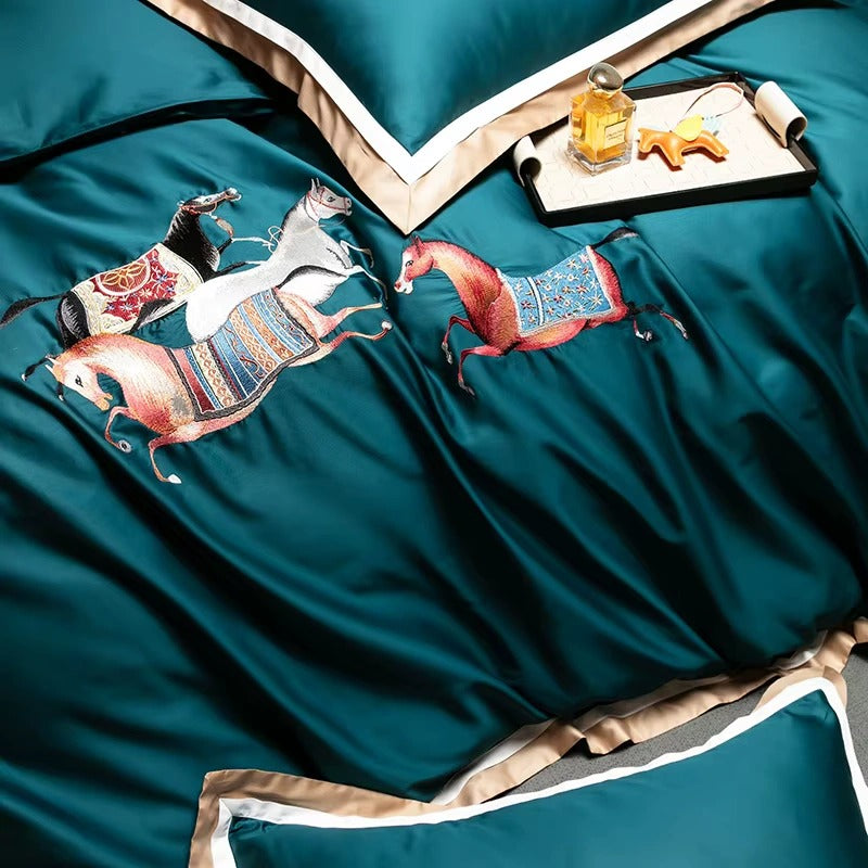 Elegant Horse Motif Embroidery Duvet Set