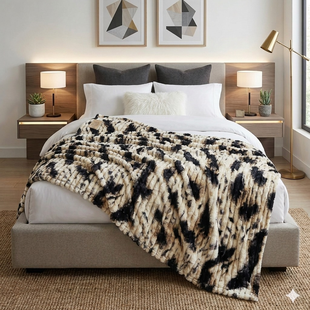 Luxury Faux Fur Throw Blanket – Black & Cream Pattern