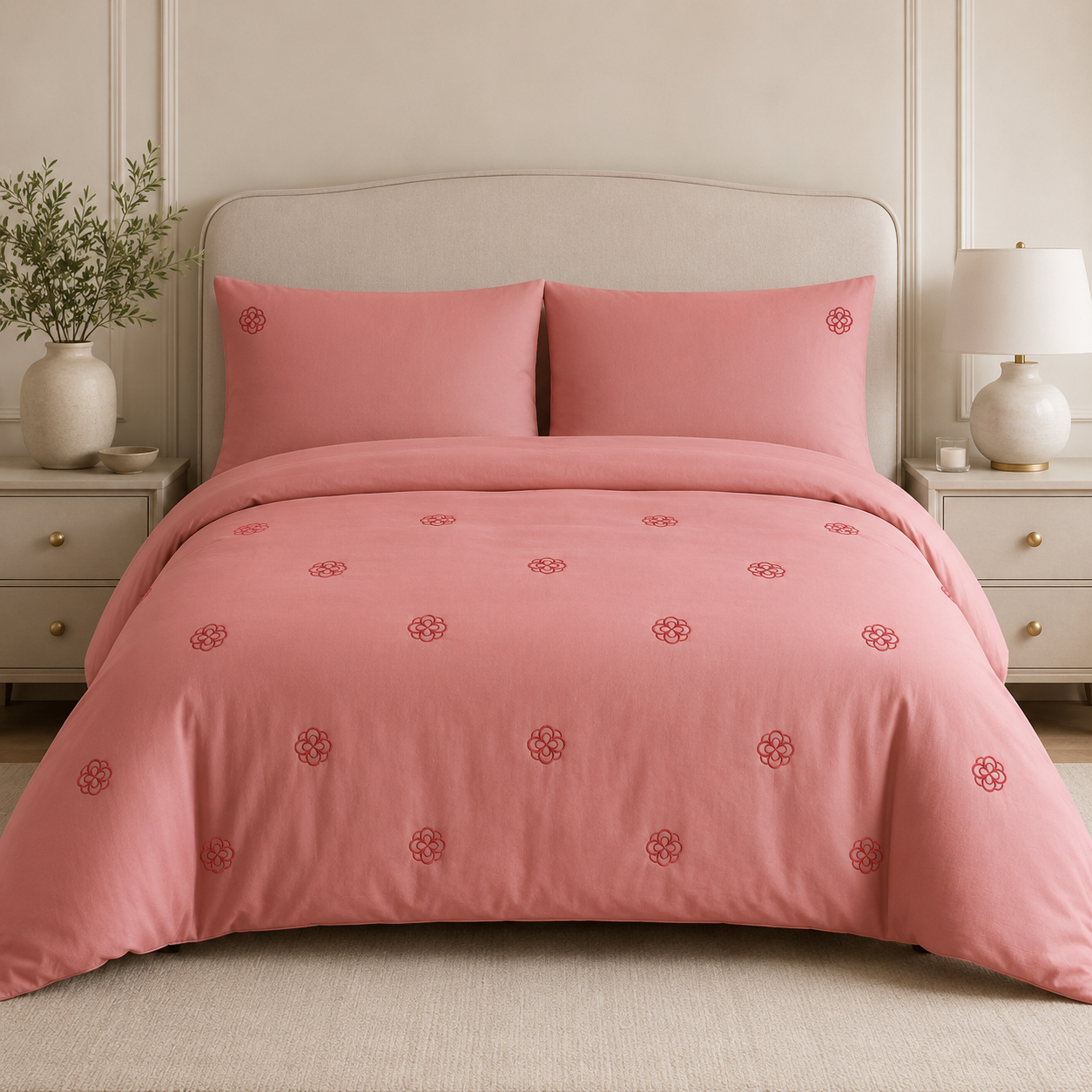Light Red Rosette Embroidered Duvet Cover Set