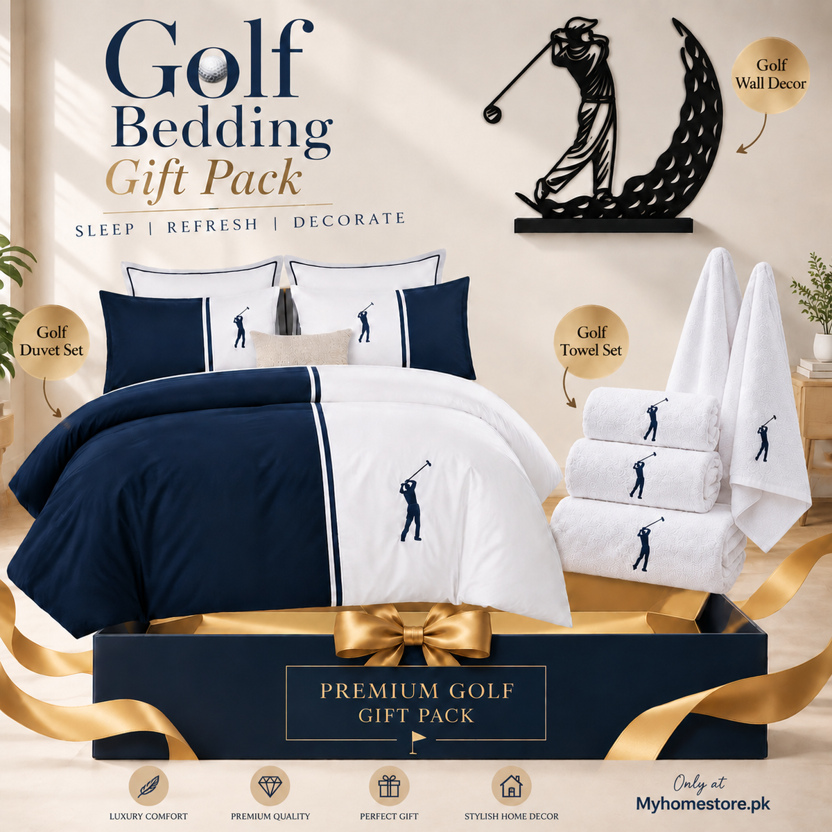 Luxury Golf Embroidered Bedsheet Gift Pack – 3 Piece Towel Set & Premium Golf Wall Décor
