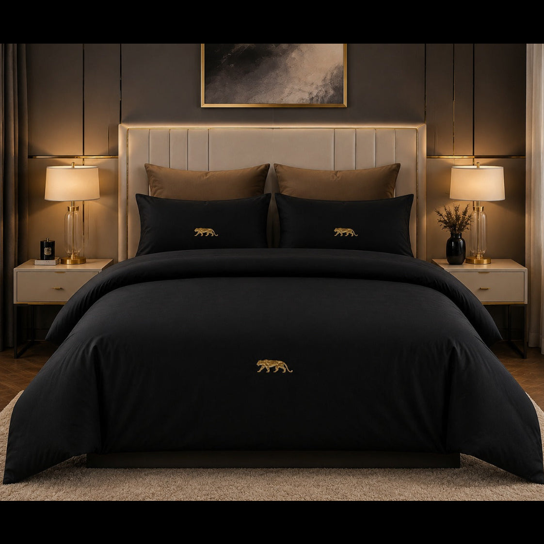 Royal Black Panther Gold Embroidered Bedding Set