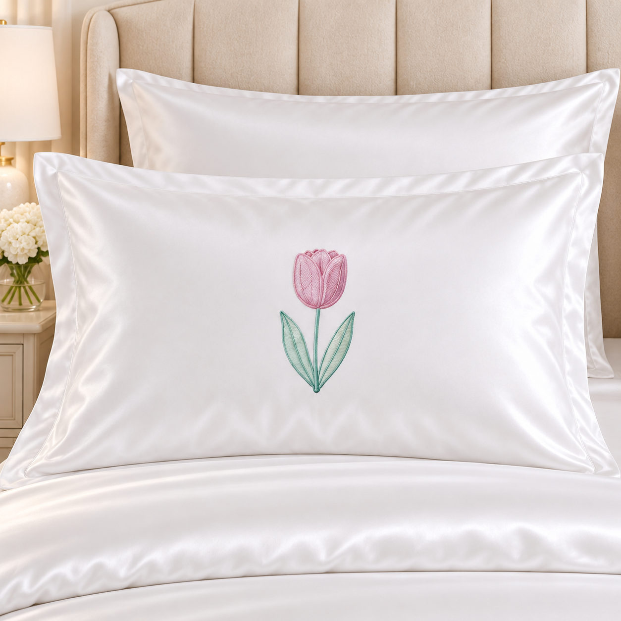 Pink Tulip White Embroidered Bedding Set