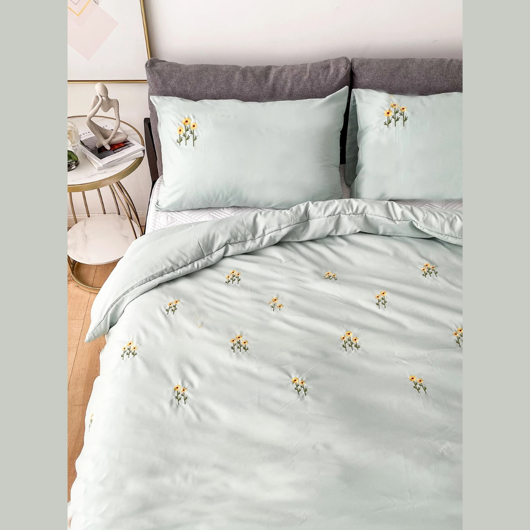 Mint Green Sunflower Embroidered Bedding Set