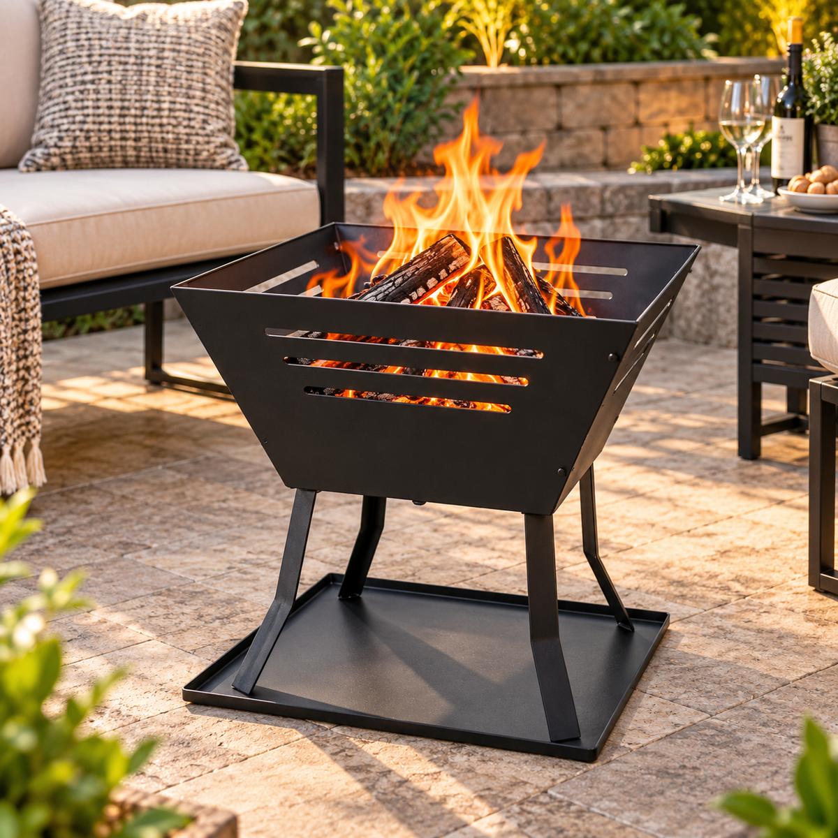 La Hacienda Square Basket Fire Pit | Modern Patio Heater & Log Burner