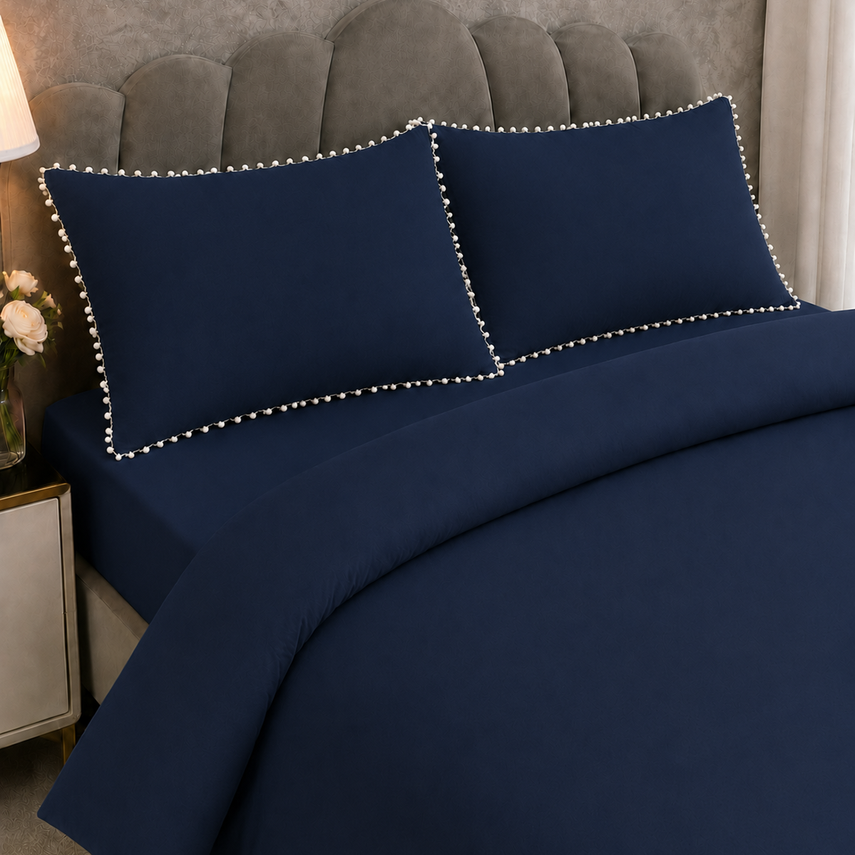 Navy Duvet Cover Set with White Pom Pom Lace Pillowcases