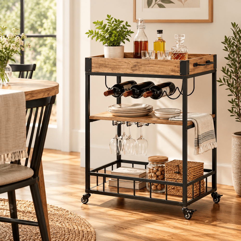 3 Tier Kitchen Trolley Light MDF Sheet with Black Frame - myhomestore.com.pk