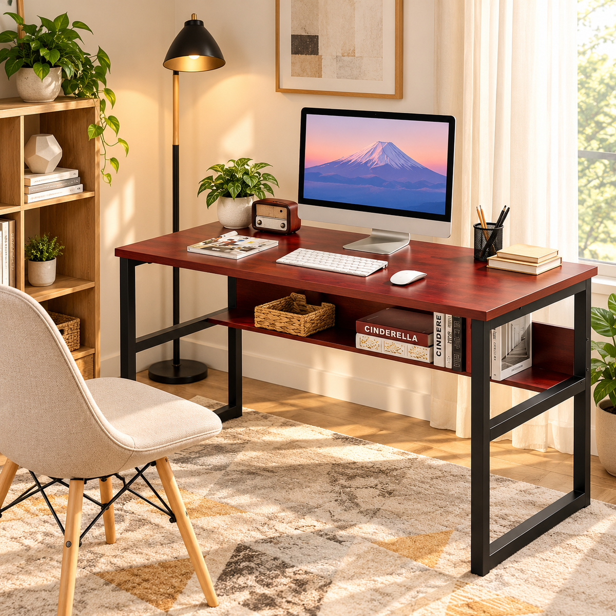 Computer Desk with Bookshelf, Modern Office Desk with Storage Shelves