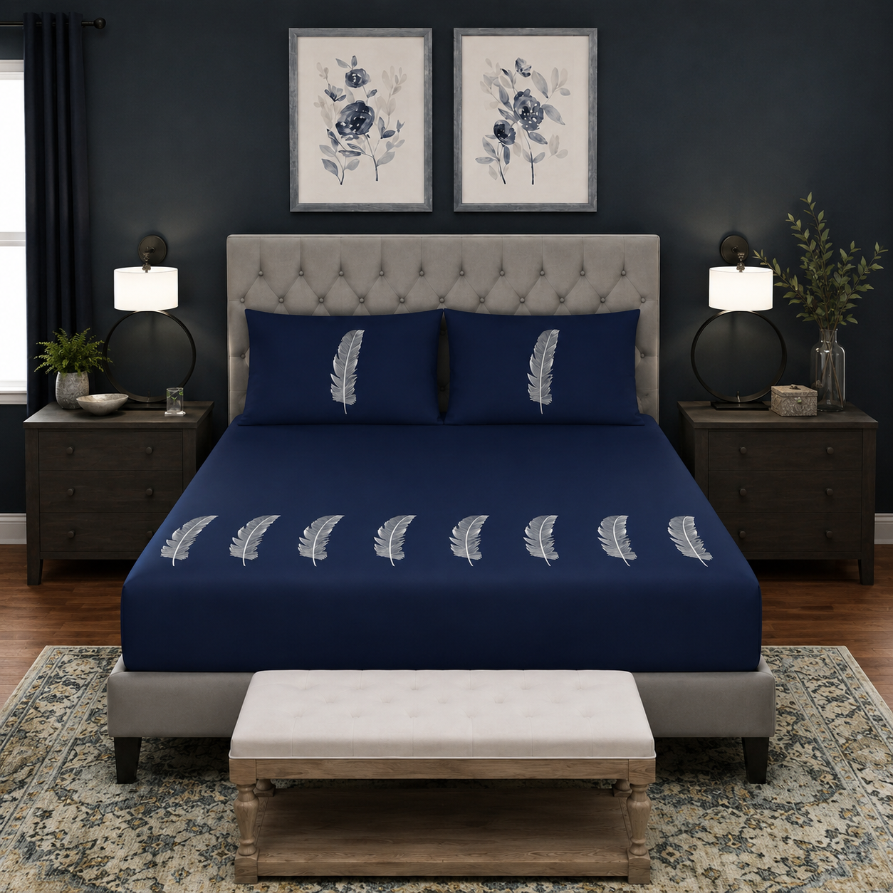 Navy Blue Feather Embroidered 3-Piece Bedsheet Set