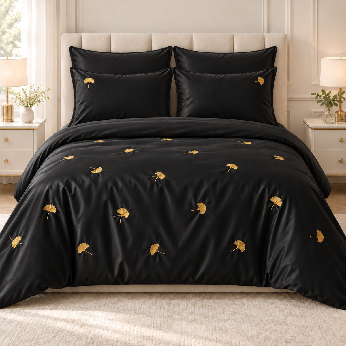 Black Shine Cotton Golden Ginkgo Leaf Embroidered Bedding Set
