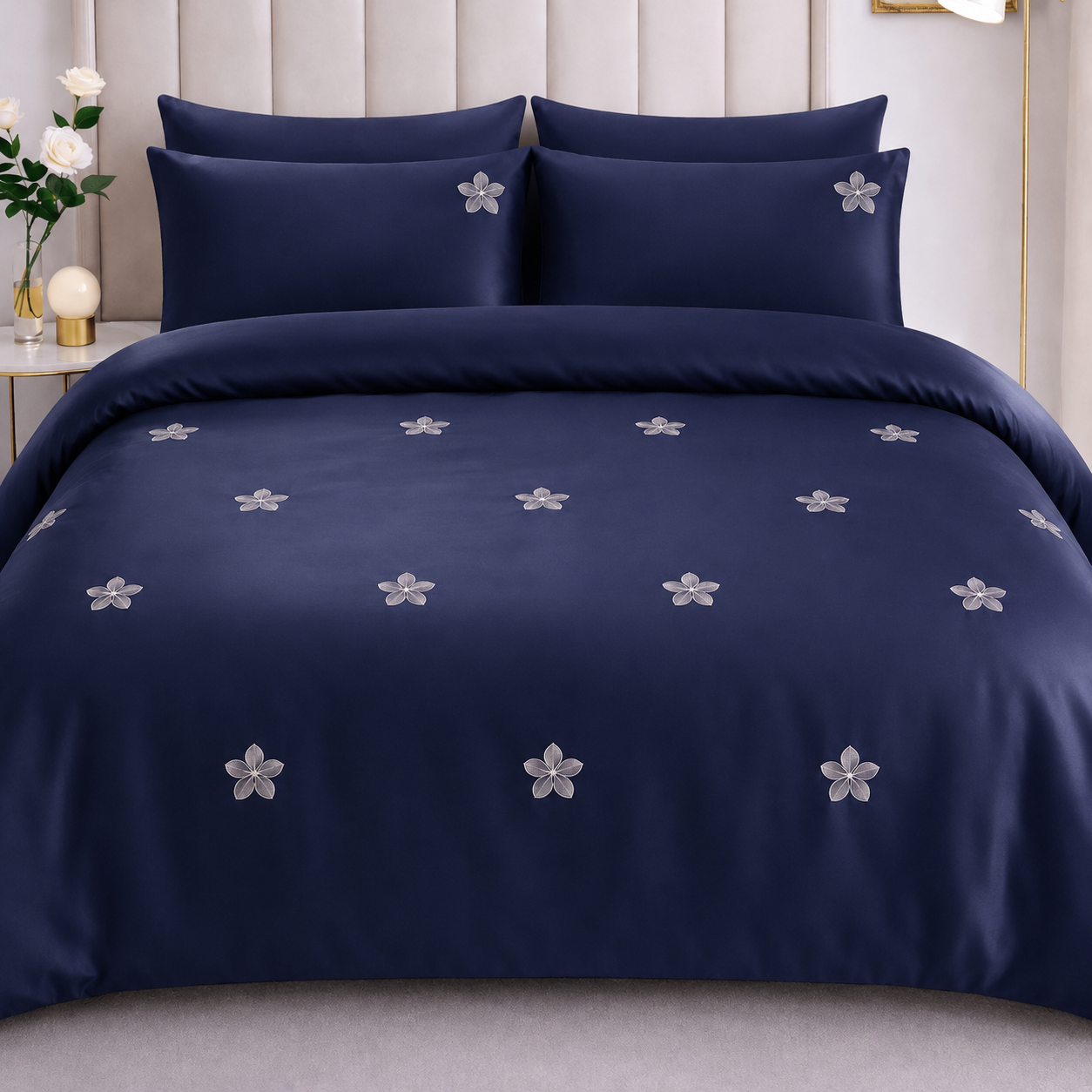 Navy Blue Satin Floral Embroidered Bedding Set