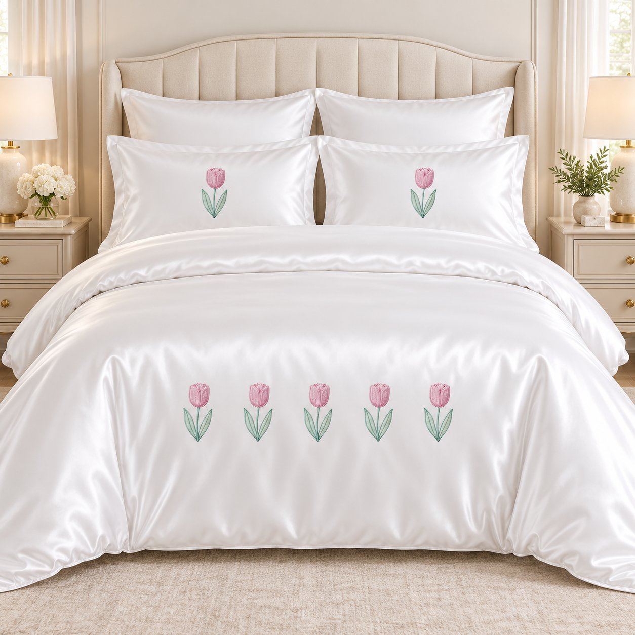 Pink Tulip White Embroidered Bedding Set