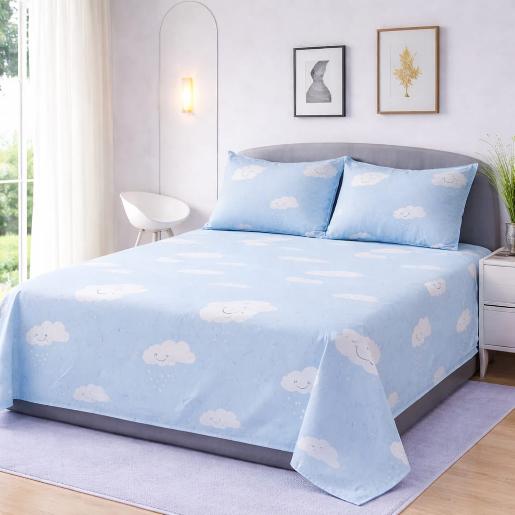 Sky Blue Cloud Printed Bedsheet – King Size Bedding