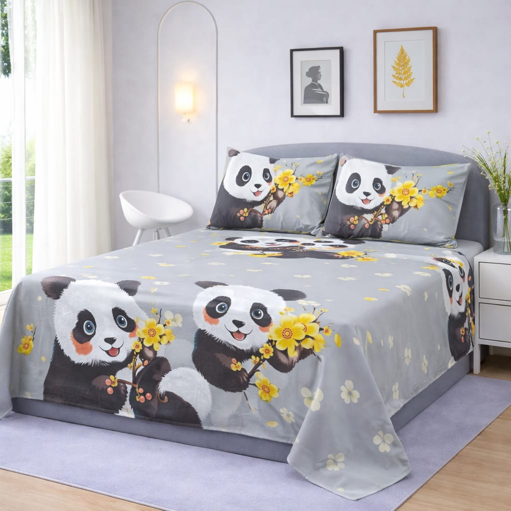 Premium Panda Cartoon Printed Bedsheet – King Size Bedding