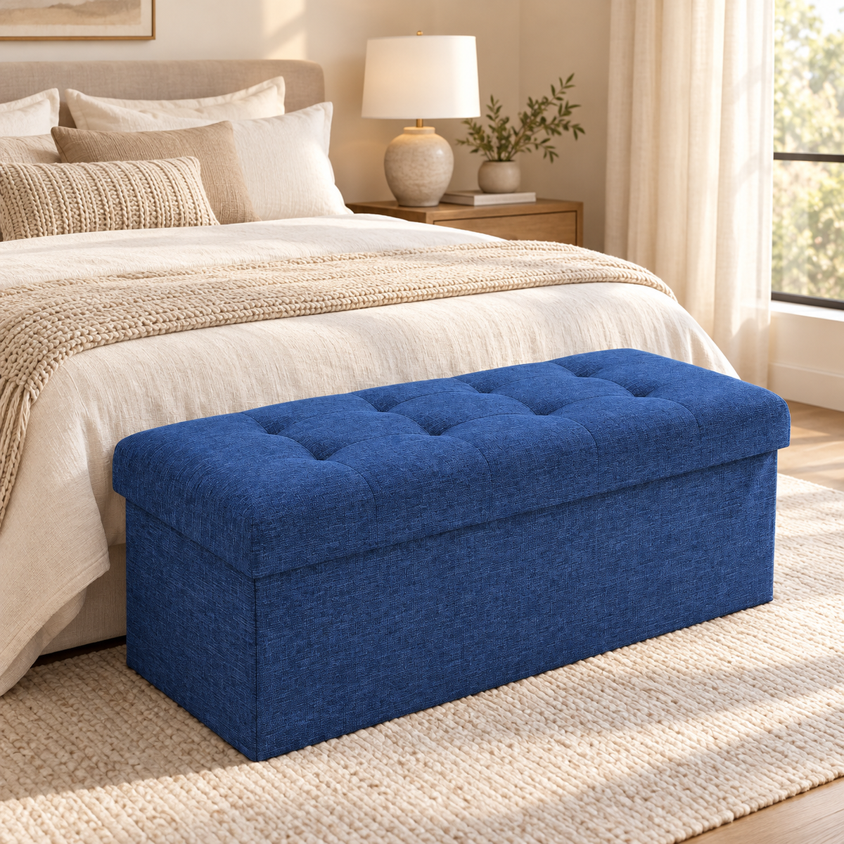 Tufted Linen Storage Ottoman Bench