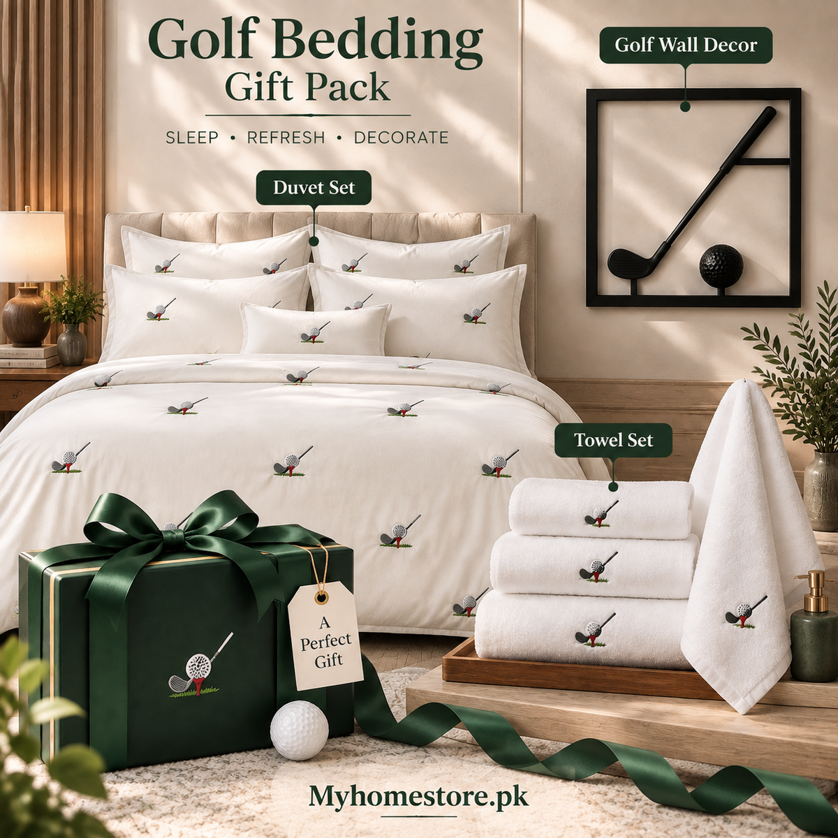 Luxury Golf Embroidered Bedsheet Gift Pack – Premium Towel Set & Golf Wall Decor | Elegant Home Gift Set
