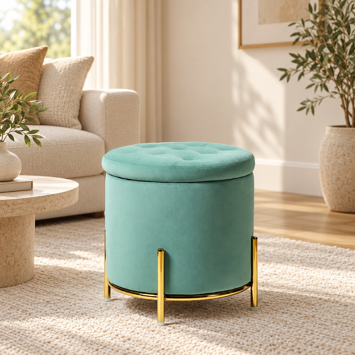 Velvet Round Storage Ottoman with Removable Lid, Gold Metal Legs