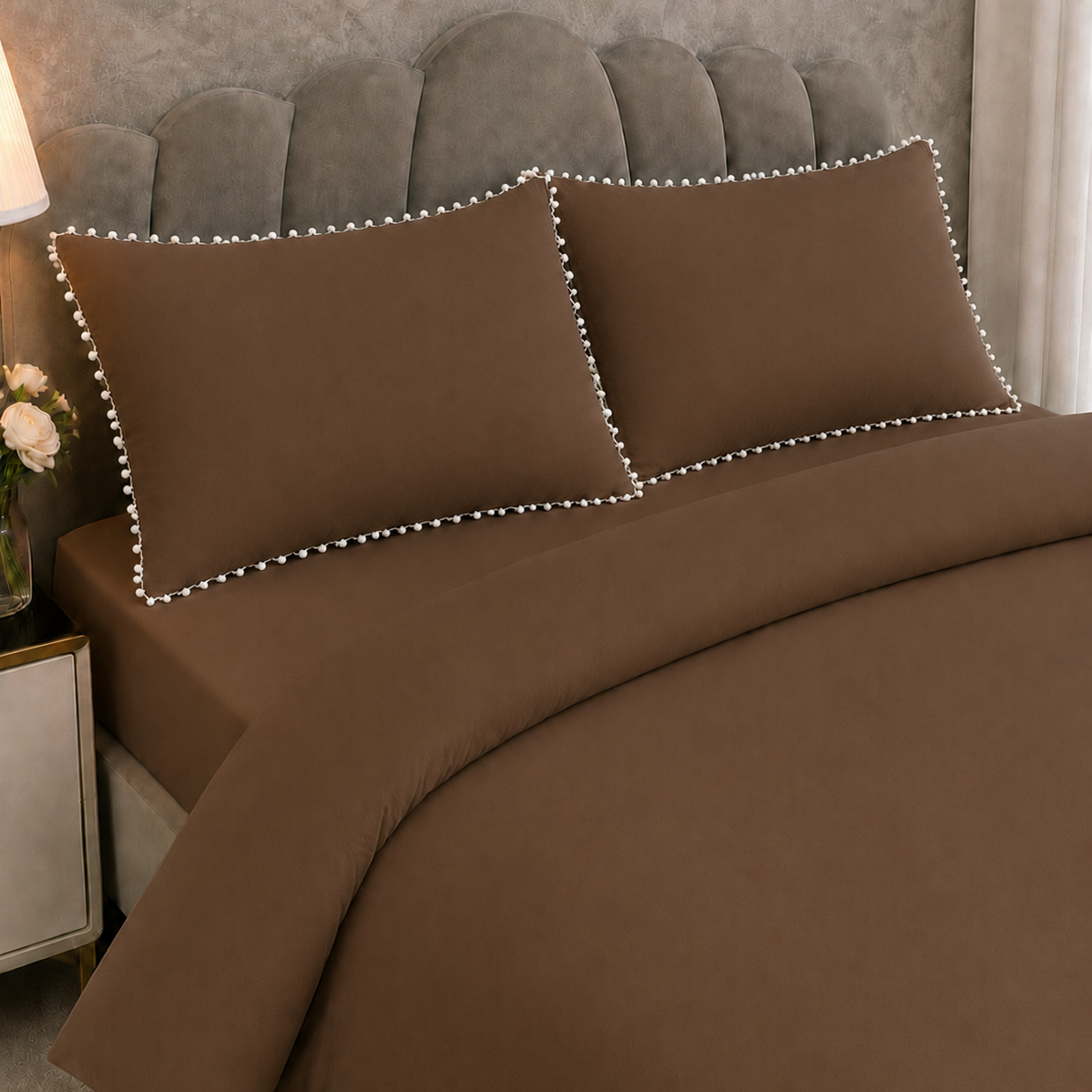 Brown Duvet Cover Set with White Pom Pom Lace Pillowcases