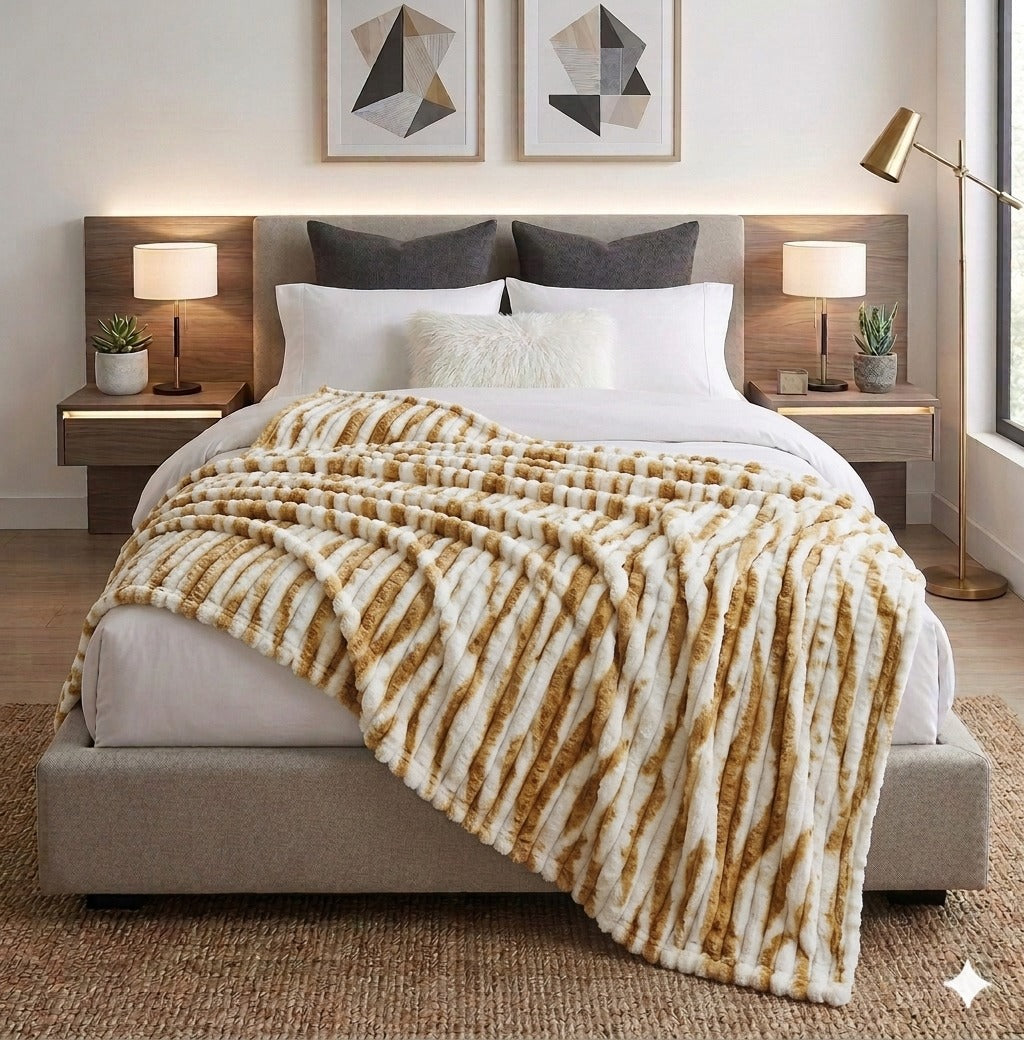Luxury Reversible Faux Fur Throw Blanket – Camel & White Pattern