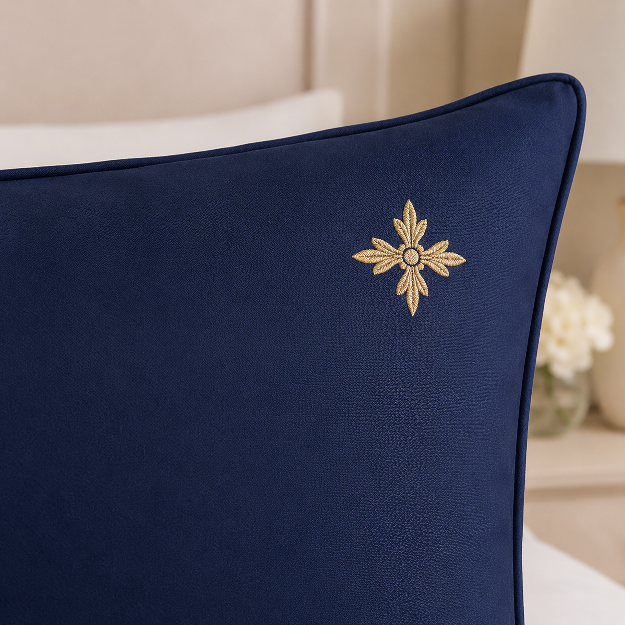 Navy Blue Gold Floral Embroidered Duvet Cover Set