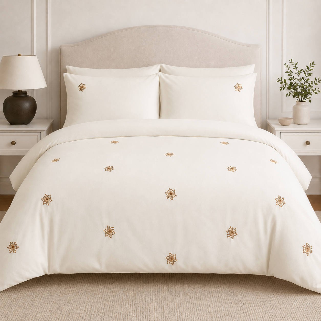 Off-White Gold Floral Embroidered Duvet Cover Set