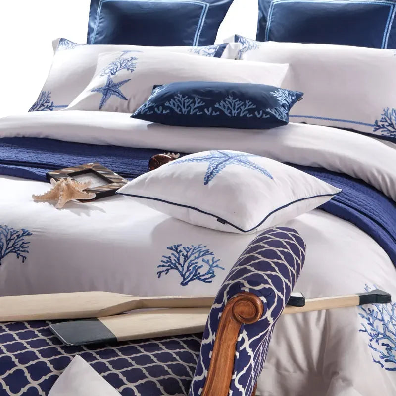 Chic Blue Landmarks Pattern Luxury Cotton Satin Bedding Embroidery Duvet Set - myhomestore.com.pk
