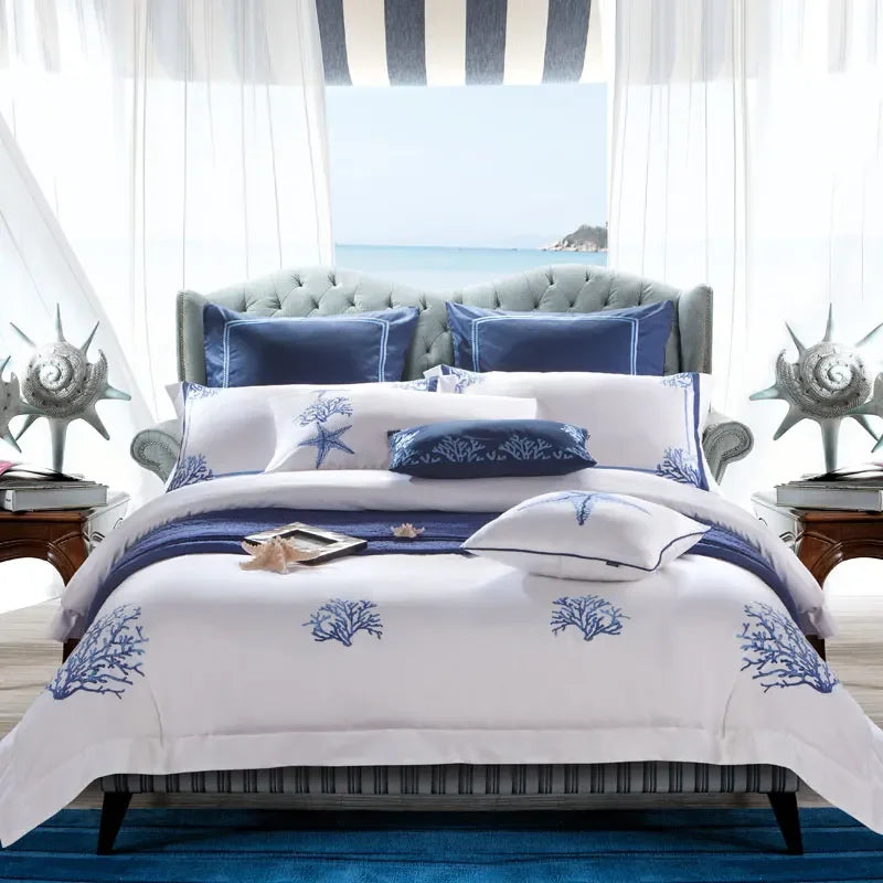 Chic Blue Landmarks Pattern Luxury Cotton Satin Bedding Embroidery Duvet Set - myhomestore.com.pk