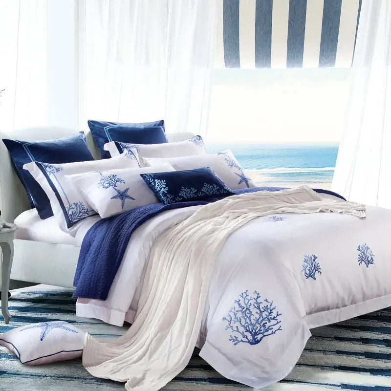 Chic Blue Landmarks Pattern Luxury Cotton Satin Bedding Embroidery Duvet Set - myhomestore.com.pk