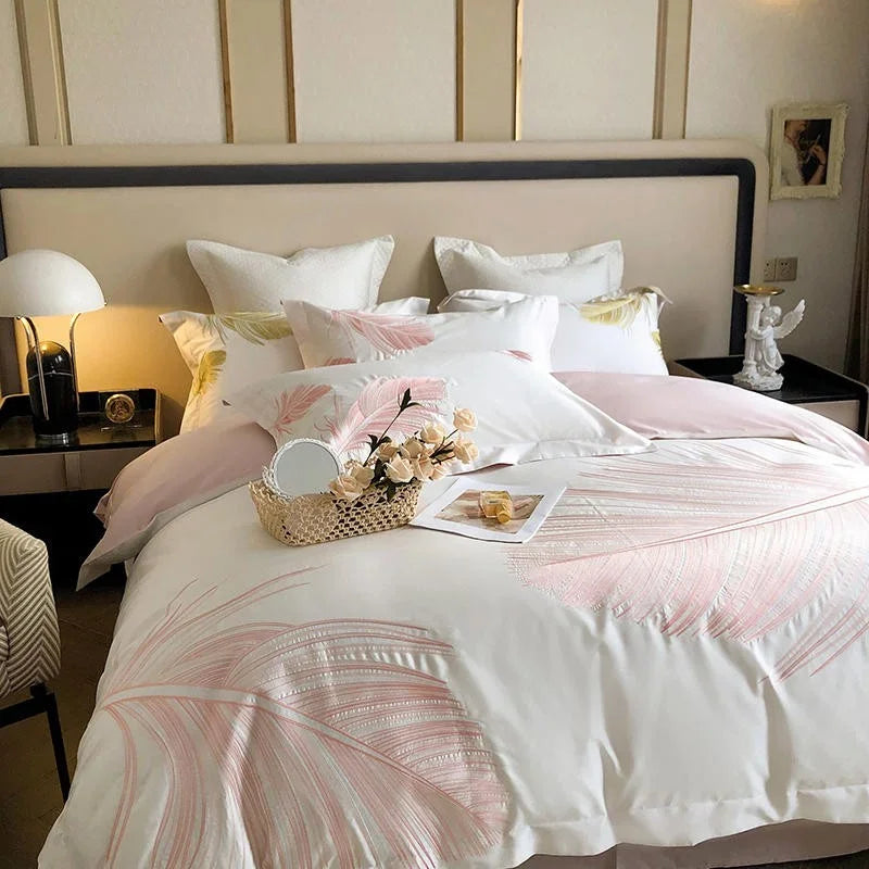 Luxury New Leaf Embroidery Duvet Set Pink and Golden - myhomestore.com.pk