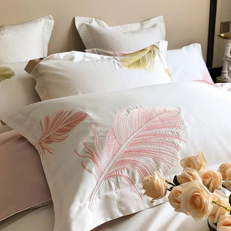 Luxury New Leaf Embroidery Duvet Set Pink and Golden - myhomestore.com.pk
