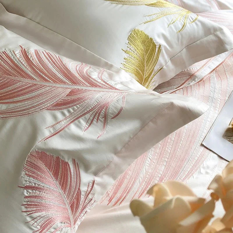 Luxury New Leaf Embroidery Duvet Set Pink and Golden - myhomestore.com.pk