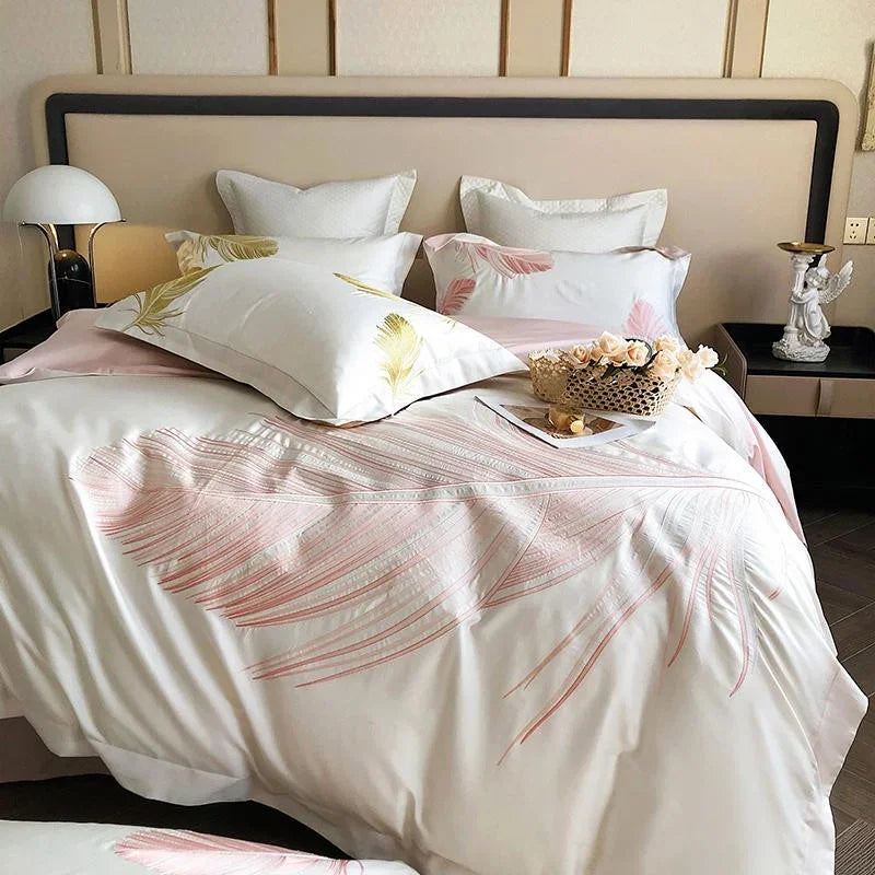 Luxury New Leaf Embroidery Duvet Set Pink and Golden - myhomestore.com.pk