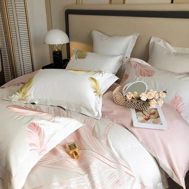 Luxury New Leaf Embroidery Duvet Set Pink and Golden - myhomestore.com.pk