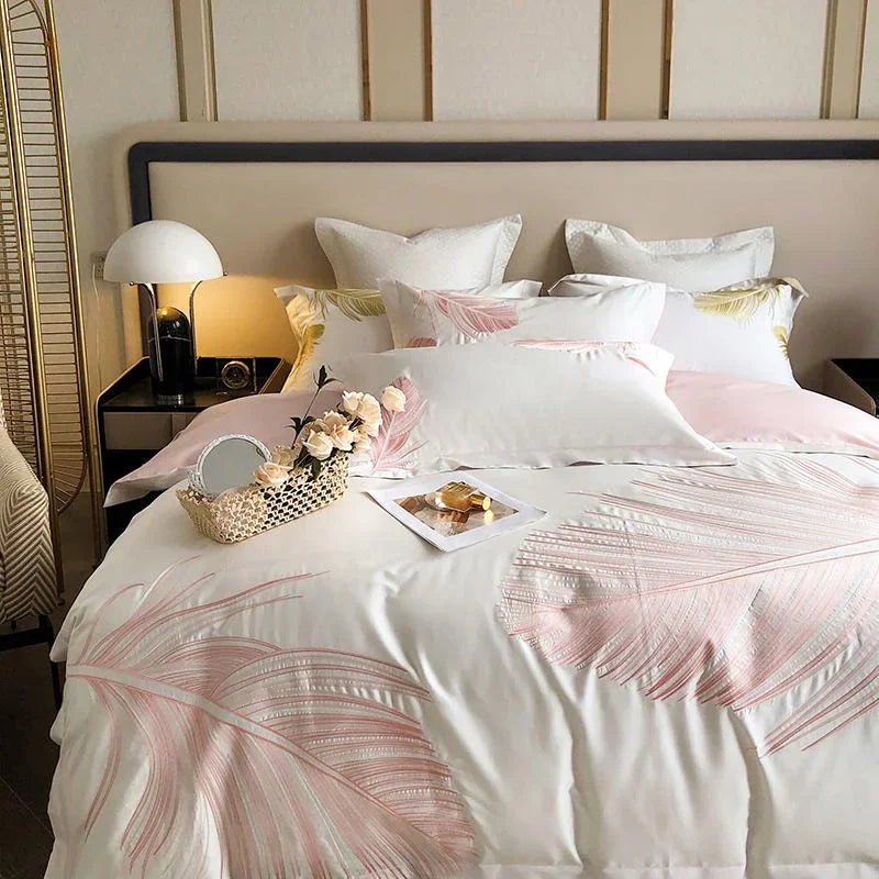 Luxury New Leaf Embroidery Duvet Set Pink and Golden - myhomestore.com.pk