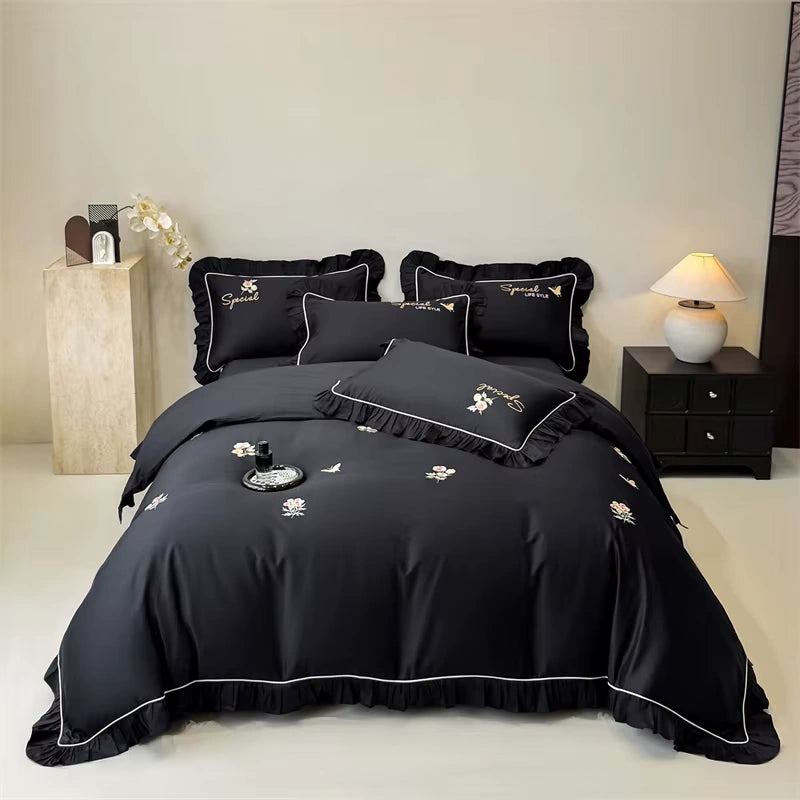 Noir Blossom Premium Embroidery Duvet Set