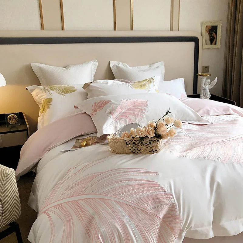 Luxury New Leaf Embroidery Duvet Set Pink and Golden - myhomestore.com.pk