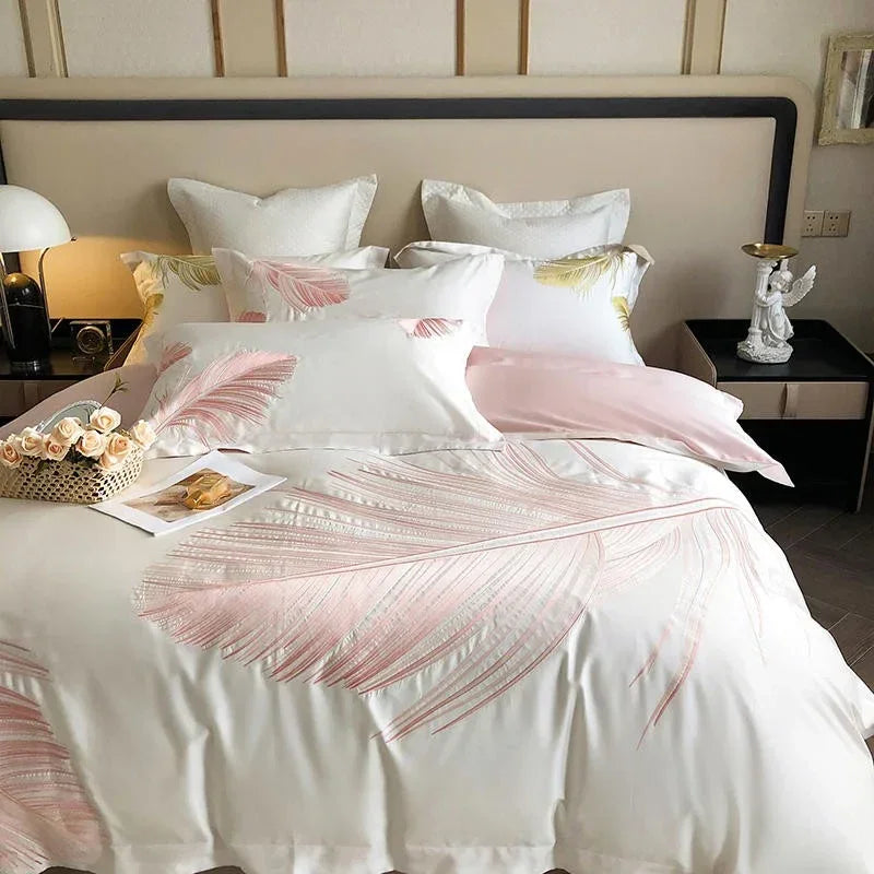 Luxury New Leaf Embroidery Duvet Set Pink and Golden - myhomestore.com.pk