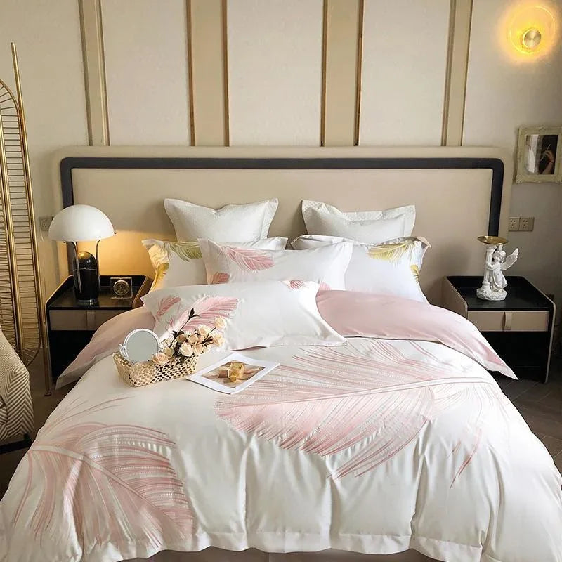 Luxury New Leaf Embroidery Duvet Set Pink and Golden - myhomestore.com.pk
