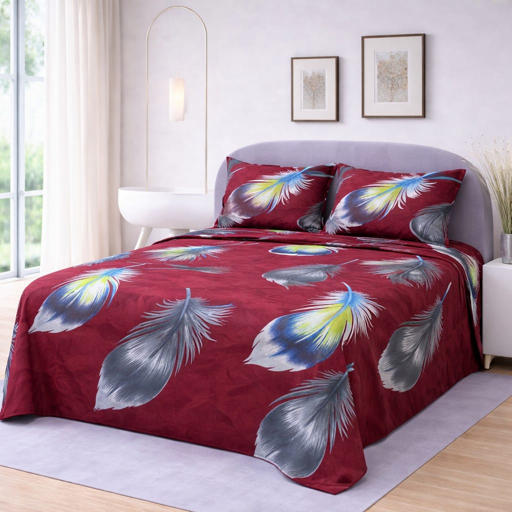 Crimson Feather Luxe Printed Bedsheet – King Size Bedding