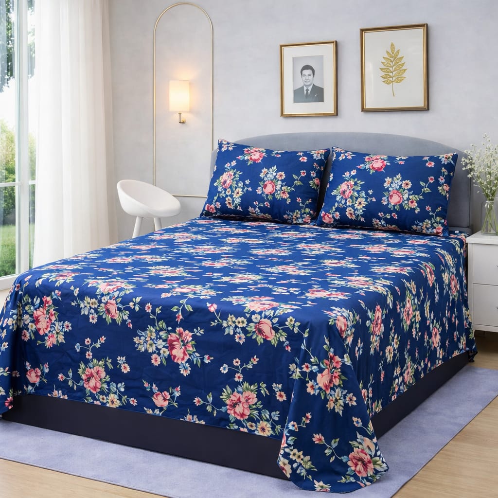 Sapphire Bloom Printed Bedsheet – King Size Bedding