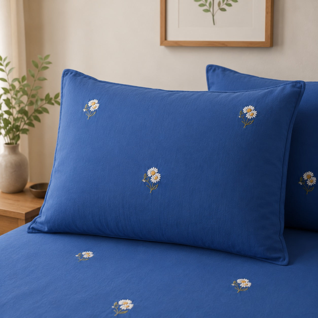 Royal Blue Daisy Embroidered bedding Set