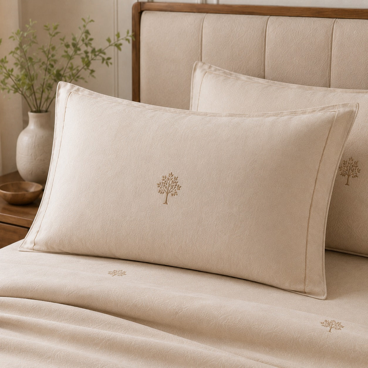 Elegant Cream Tree Embroidered bedding Set