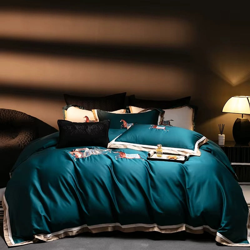 Elegant Horse Motif Embroidery Duvet Set