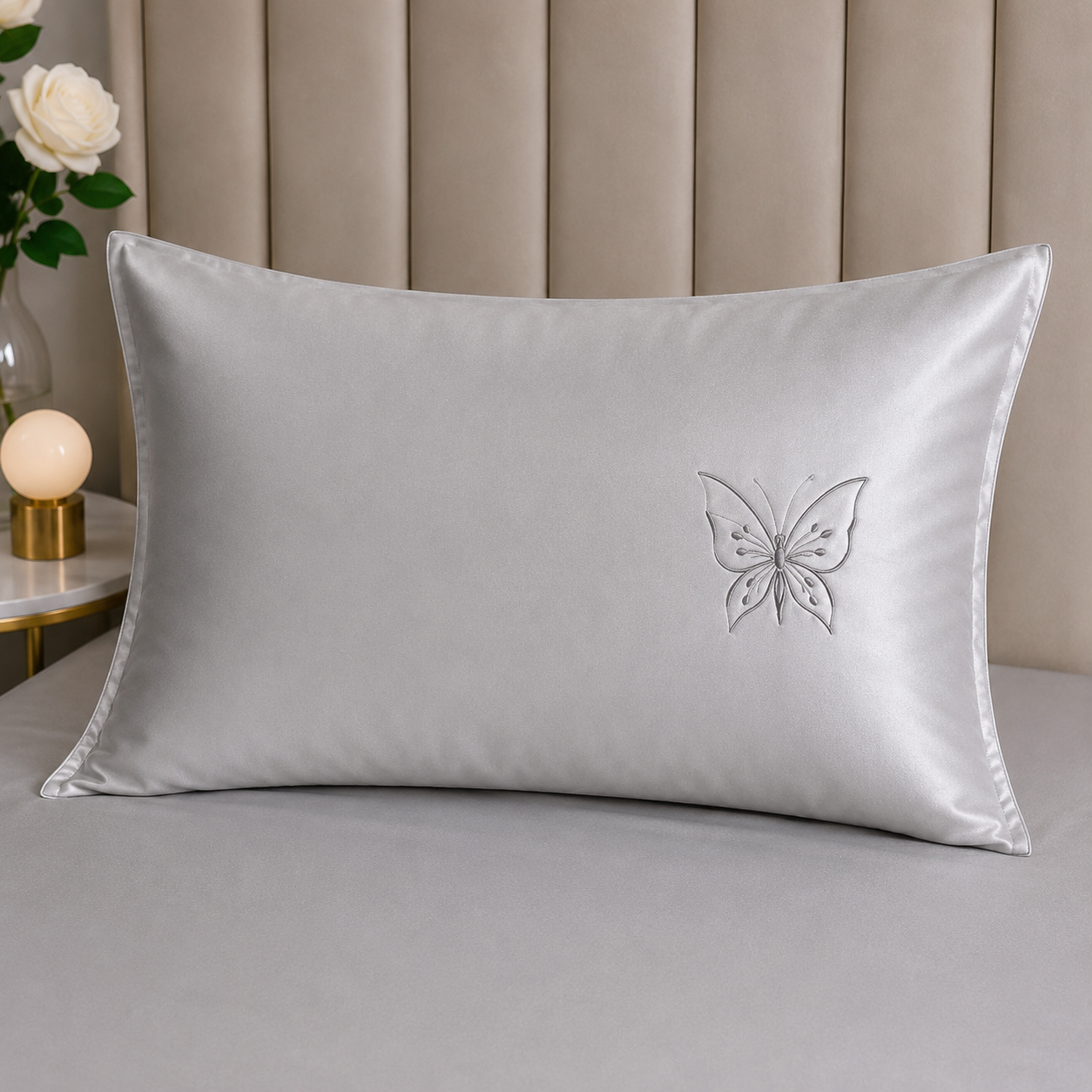 Light Grey Butterfly Embroidered Bedding Set