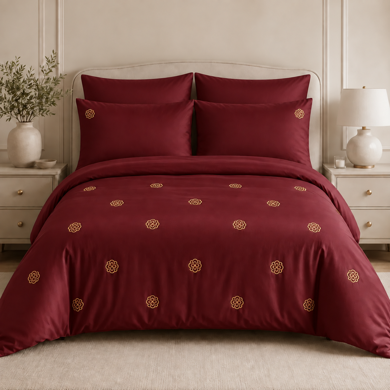Maroon Shine Cotton Golden Rosette Embroidered Bedding Set