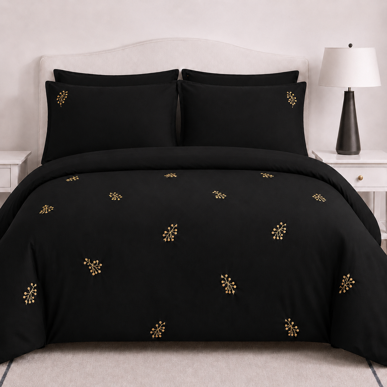 Black Gold Botanical Embroidered Duvet Cover Set