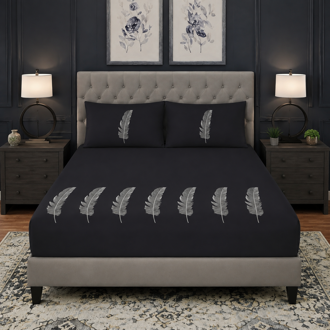 Black Feather Embroidered 3-Piece Bedsheet Set