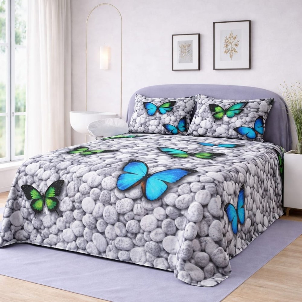 Azure Butterfly Bliss Printed Bedsheet – King Size Bedding - myhomestore.com.pk