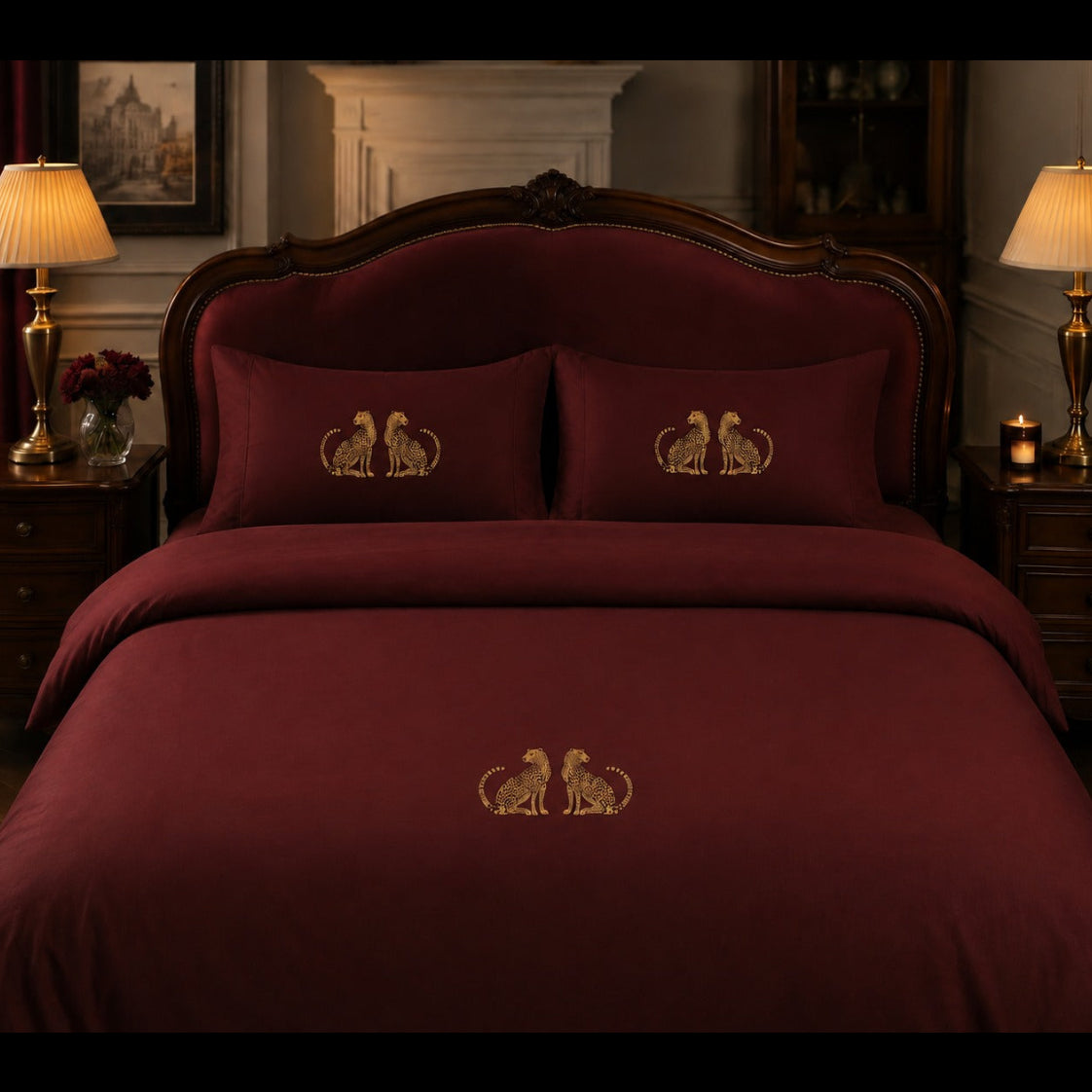 Elegant Burgundy Panther Embroidered Premium Bedding Set